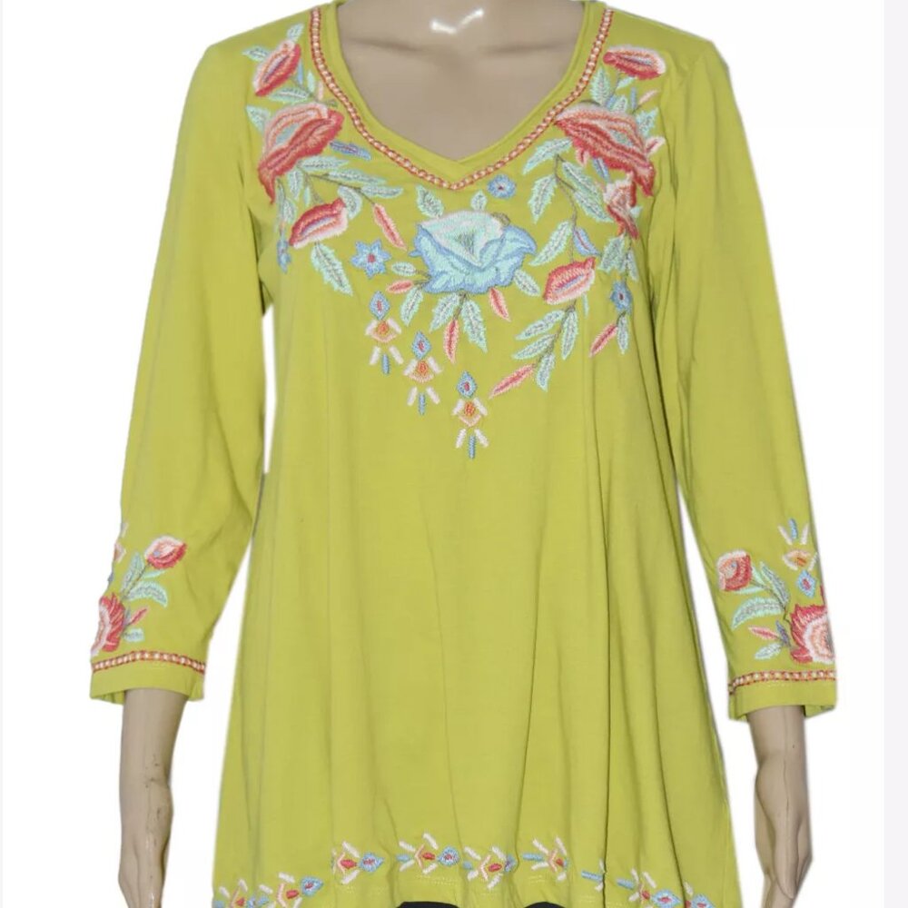 Anthropologie Caite Floral Embroidered V Neck Neon Green Tunic Top NEW S